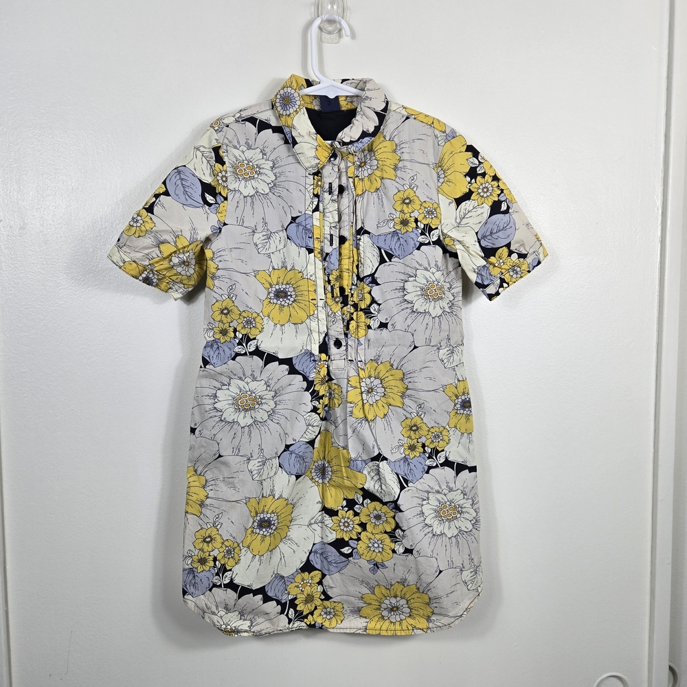 Gap Kids Girls Yellow Gray Floral Short Sleeve Button Shirt Dress Medium Preppy